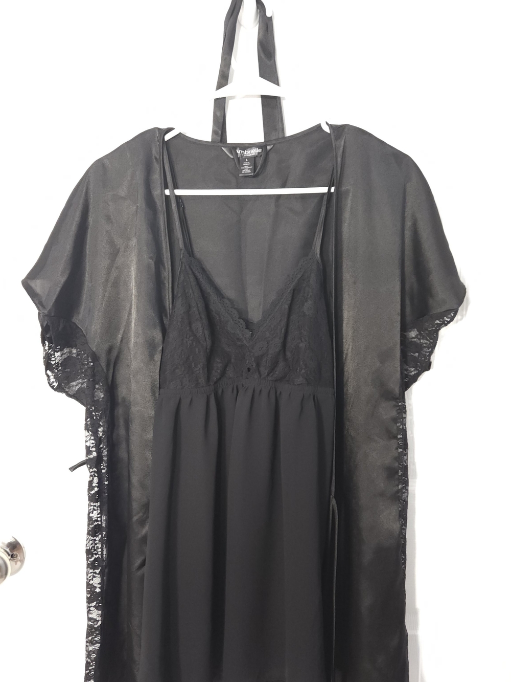 Ambrielle Black Satin Robe with Lace-Trim Chemise